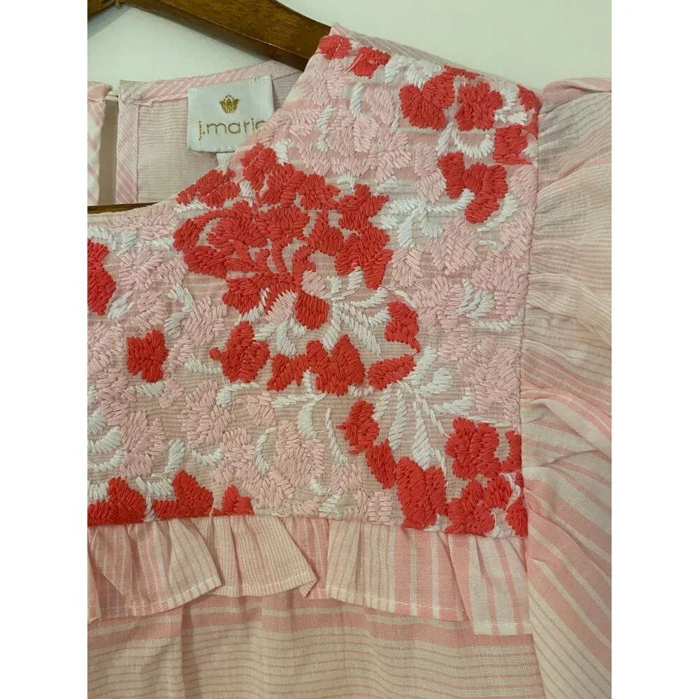 J Marie Pink White Red Embroidered Sleeveless Ruffle Tank Top 100% Cotton EUC XS - Image 4