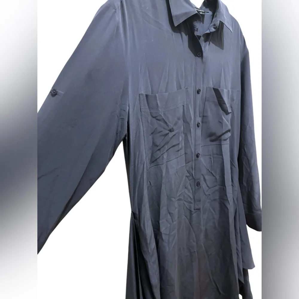 100% silk Acrobat Dusty Blue Slate Solid Minimalist Tie waist shirt dress Size M - Image 5