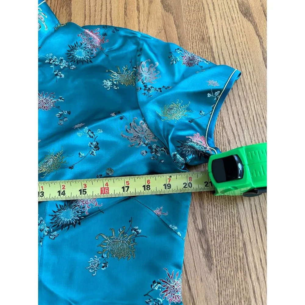 Vintage Teal Chinese Silk Floral Blouse Short Sleeve Size 40 By Folk Squirrel Green - Image 8