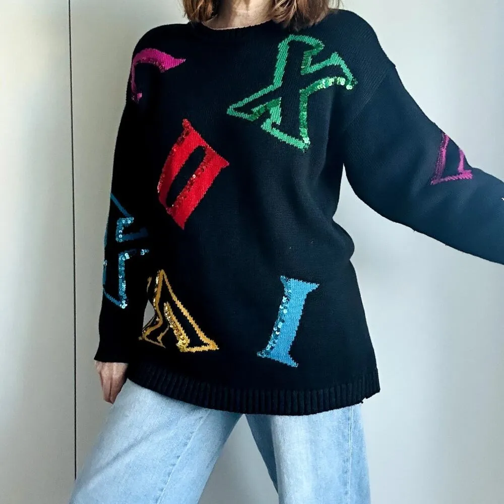 Vintage 90s Sweater Chaus Sport Size Black Sequin Roman Numerals Unique - Image 9