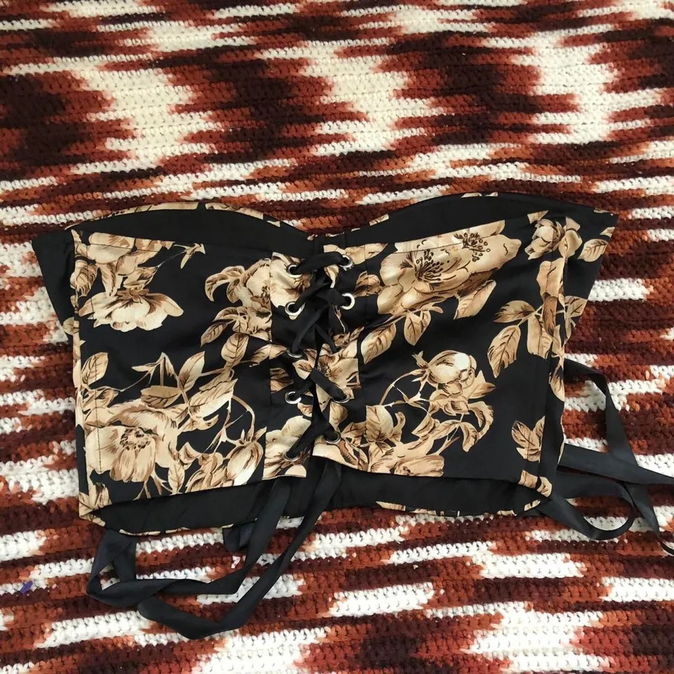 Whimsygoth Black gold floral corset sweetheart bustier top blouse shirt #evening #party #formal #glam Size L - Image 3