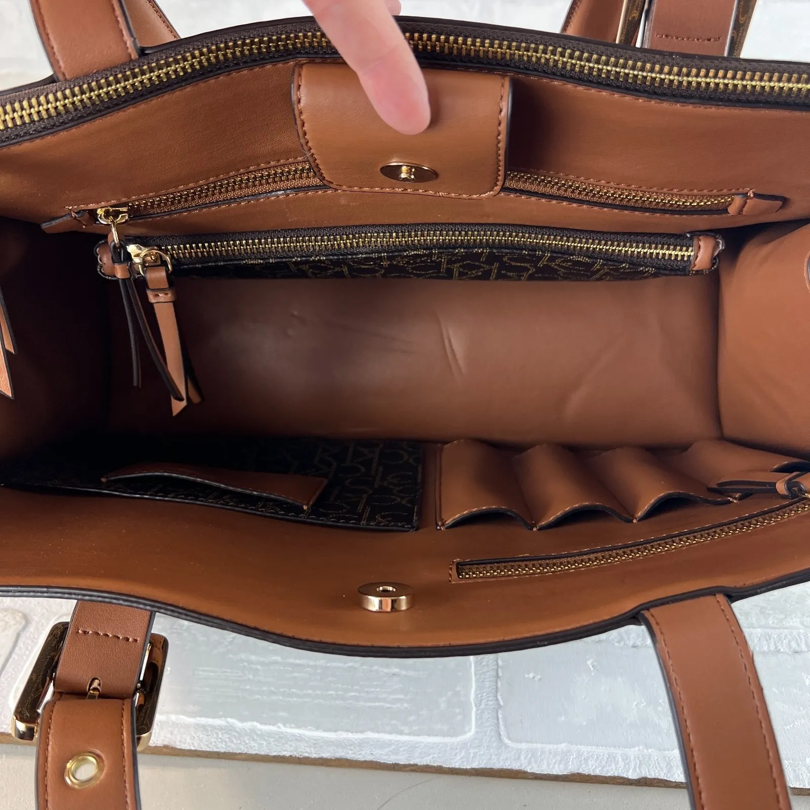 Calvin Klein Signature Tote Shoulder Bag Brown CK Monogram‎ Print Brown Leather - Image 11