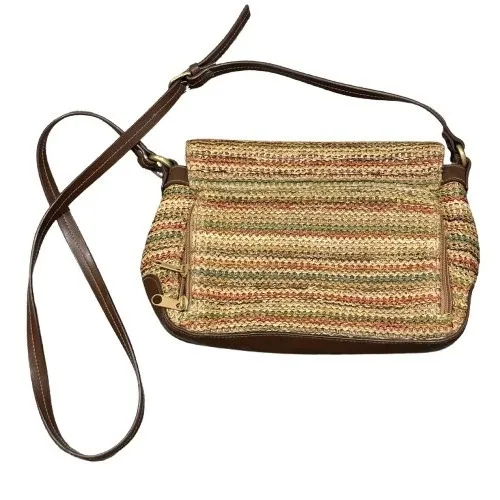 Rosetti Woven Straw Crossbody Bag Multicolor Brown Faux Leather Trim Boho Hippie - Image 6