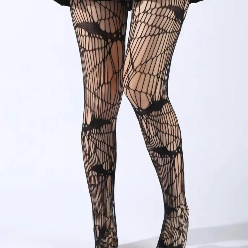 Black Bat Patterned Fishnet Tights, High Waist Footed Pantyhose One‎ Size - Image 5