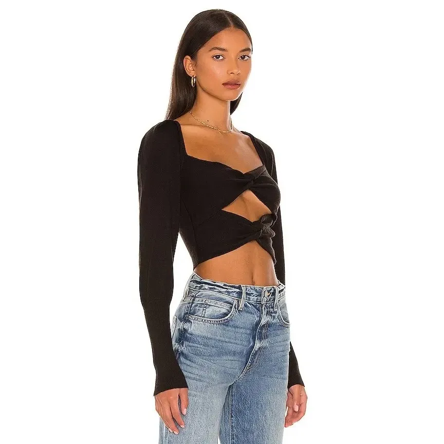 Revolve LPA Ayla Top Size XS Black Knit Puff Sleeve Cut Out Crop Sweater Sexy - Image 8