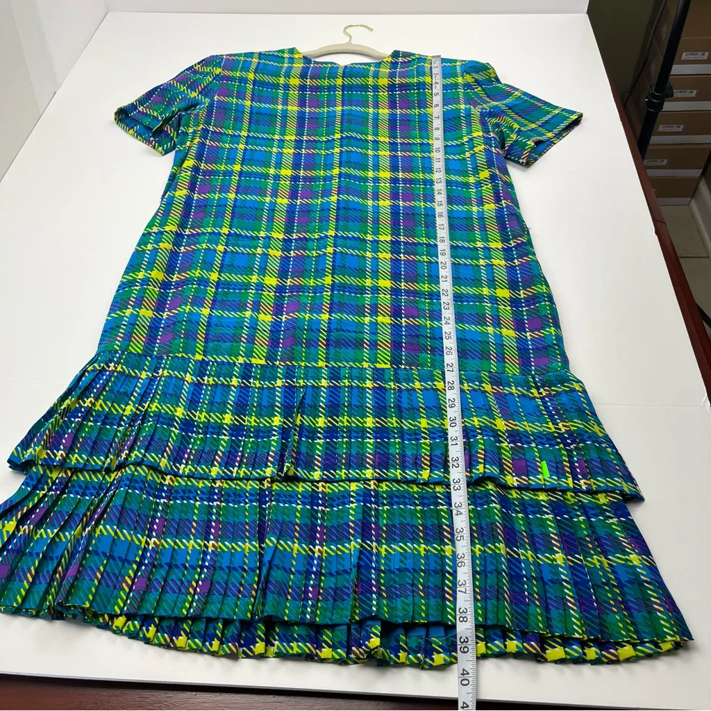 Oleg Cassini 100% Silk Blue Green Plaid Pleated Midi Dress Women Size 12 Vintage - Image 6
