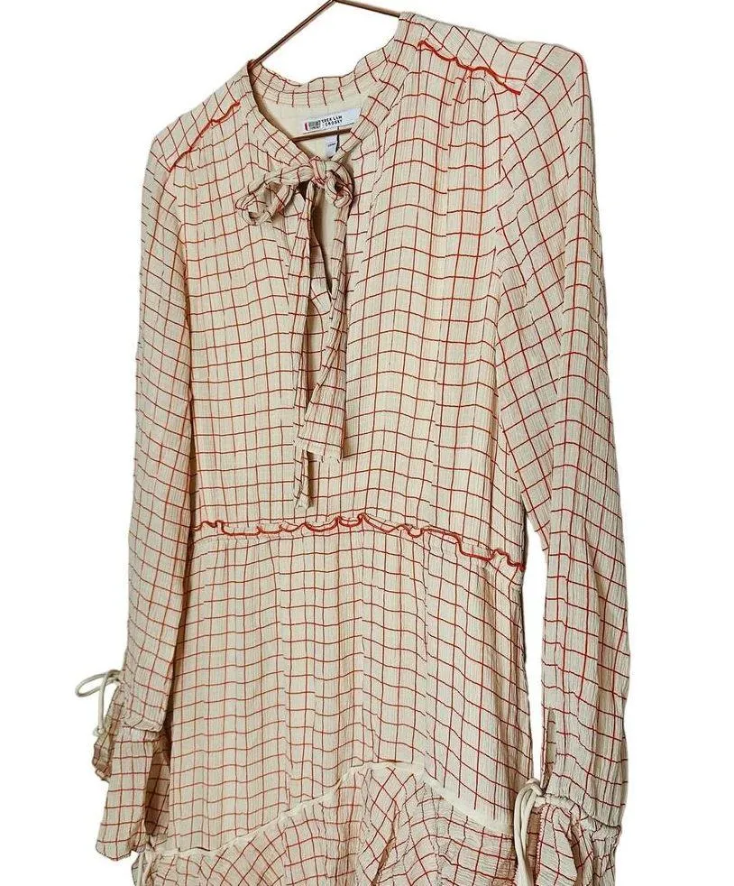 DEREK LAM 10 Crosby Cream Red Tiered Windowpane Asymmetrical Ruffle Dress Size 8 - Image 4