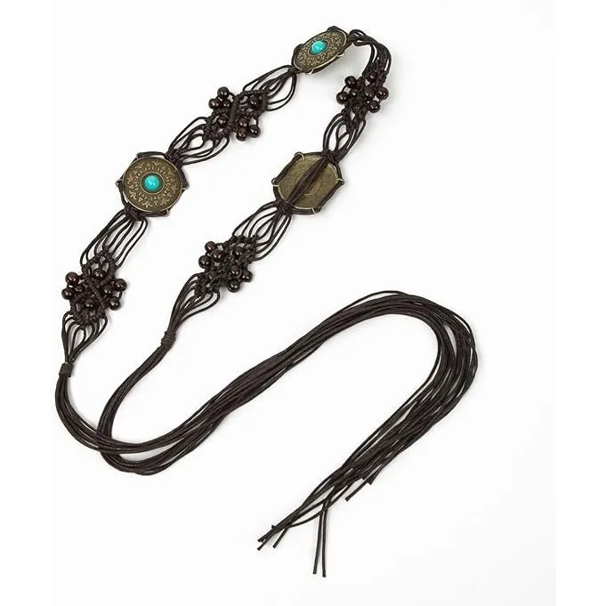 Boho Rope Tie Belt Women's One Size Tassel Beaded Braided Waist Belt Brown - Image 3