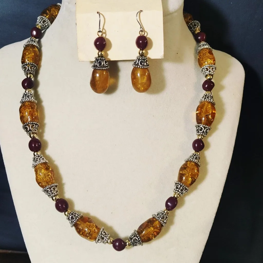 Amber Garnet Faux Colored Two Tone Bead Necklace Toggle Earrings Set 18 Inch - Image 11