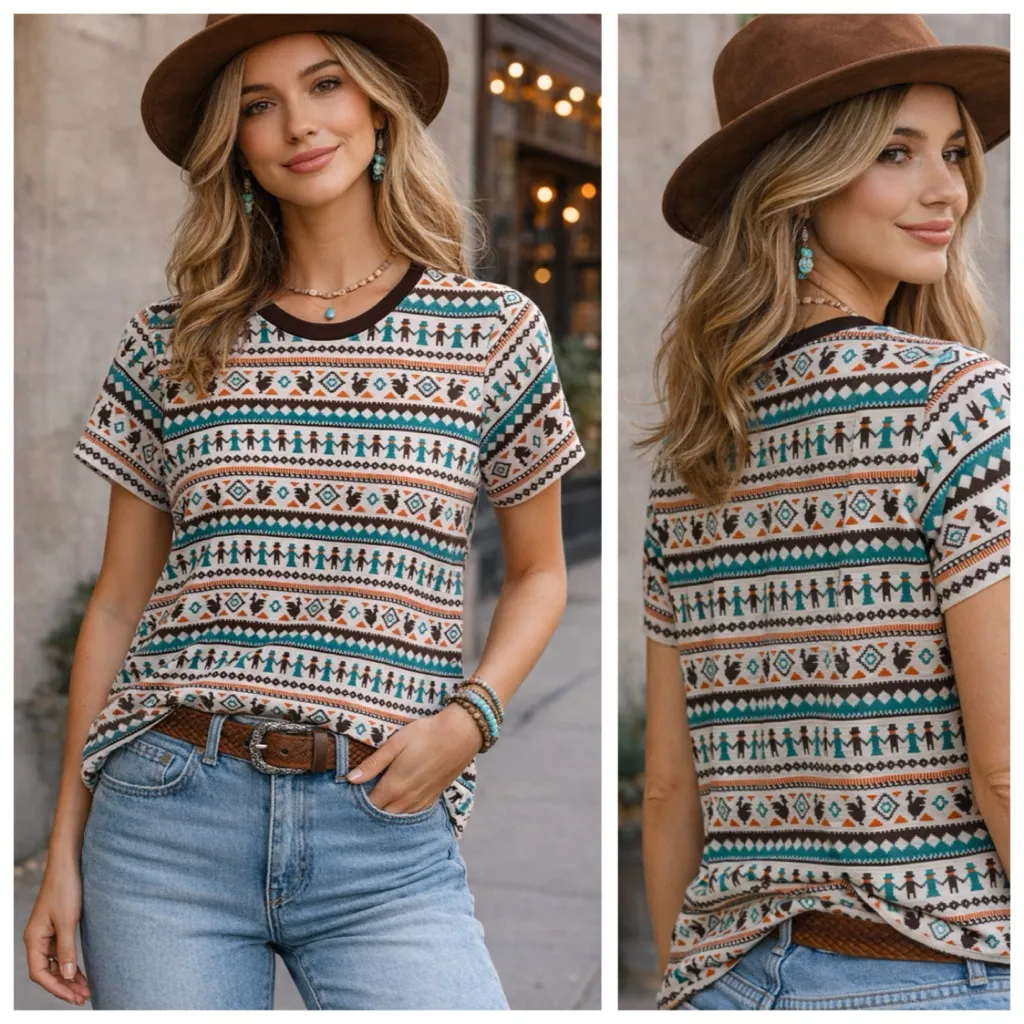 AMPNA Thailand Andean Tibetan Style Folk Print T - Image 3