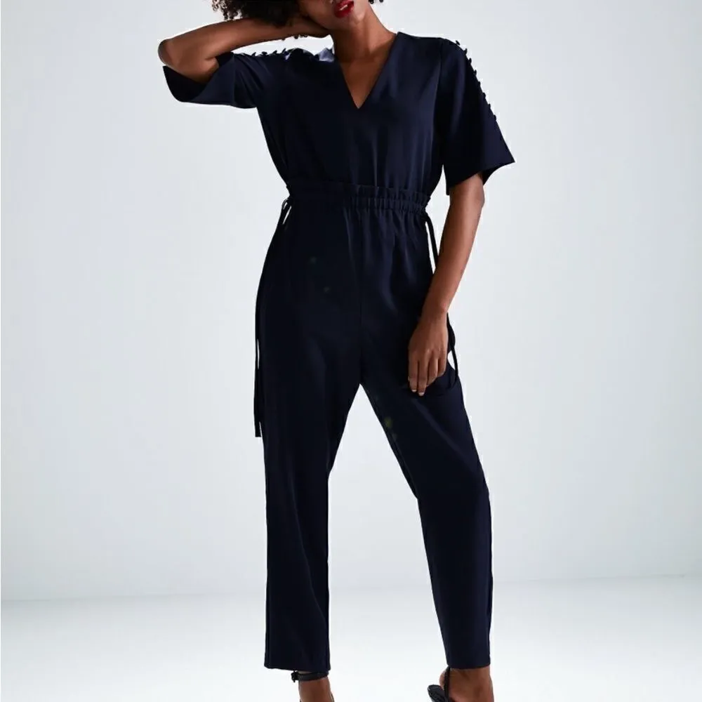 Zara Jumpsuit‎ With Drawstring and Button Detail Navy Blue Size Small - Image 2