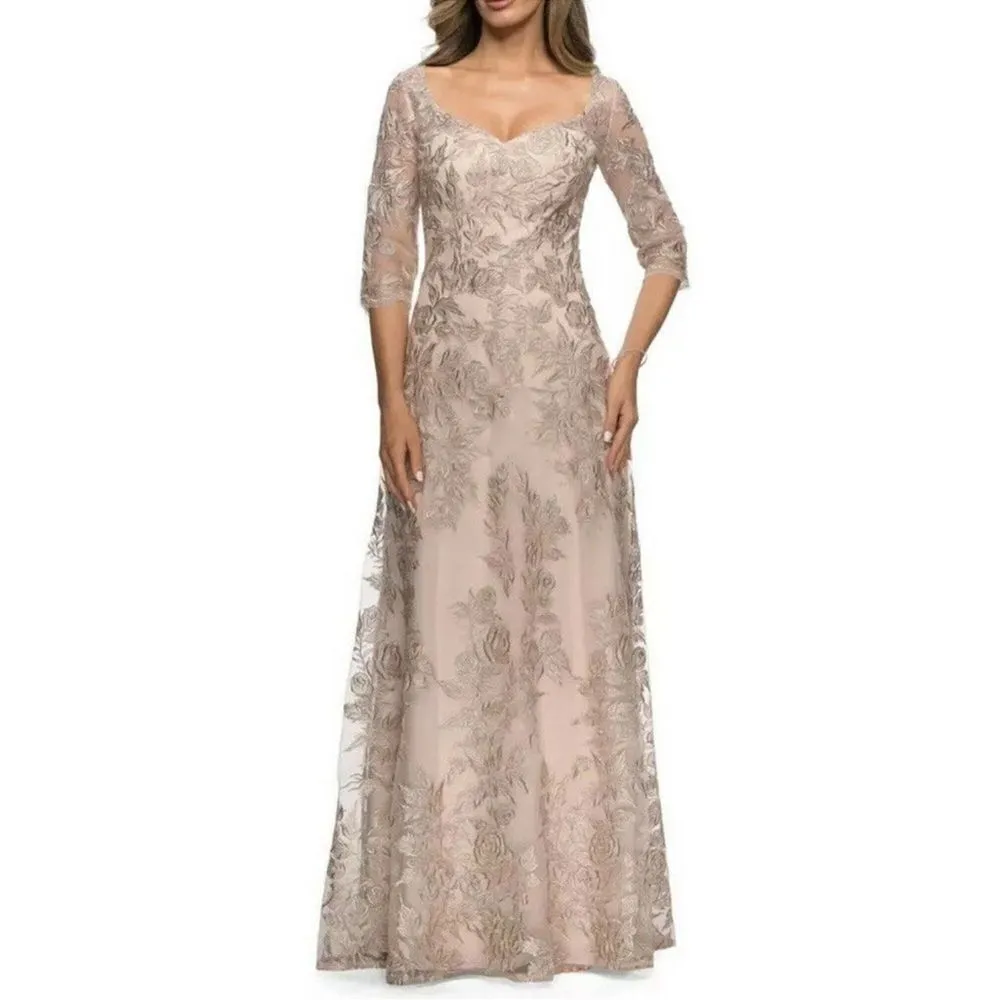 La Femme Women’s Floral Embroidered Mesh A-Line Gown Dress - Image 3