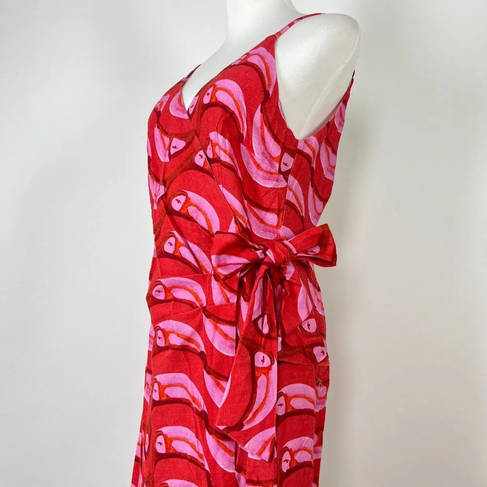 NOWT Farm Rio Linen blend Copabanana Wrap Mini Dress Red Pink Size XL - Image 10