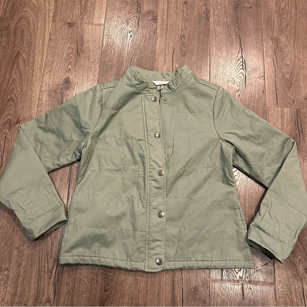 New Christopher & Banks Jacket Sage Green Quilted Snap Barn Coat Pockets Cotton - Image 11