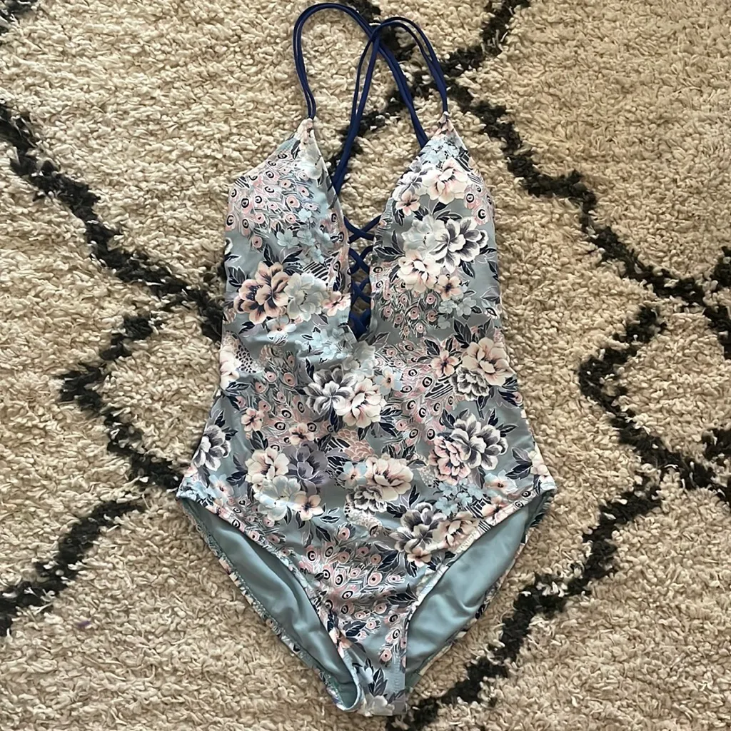 Ambrielle Boho Strappy Metallic Floral Print Swimsuit Blue Size L - Image 4