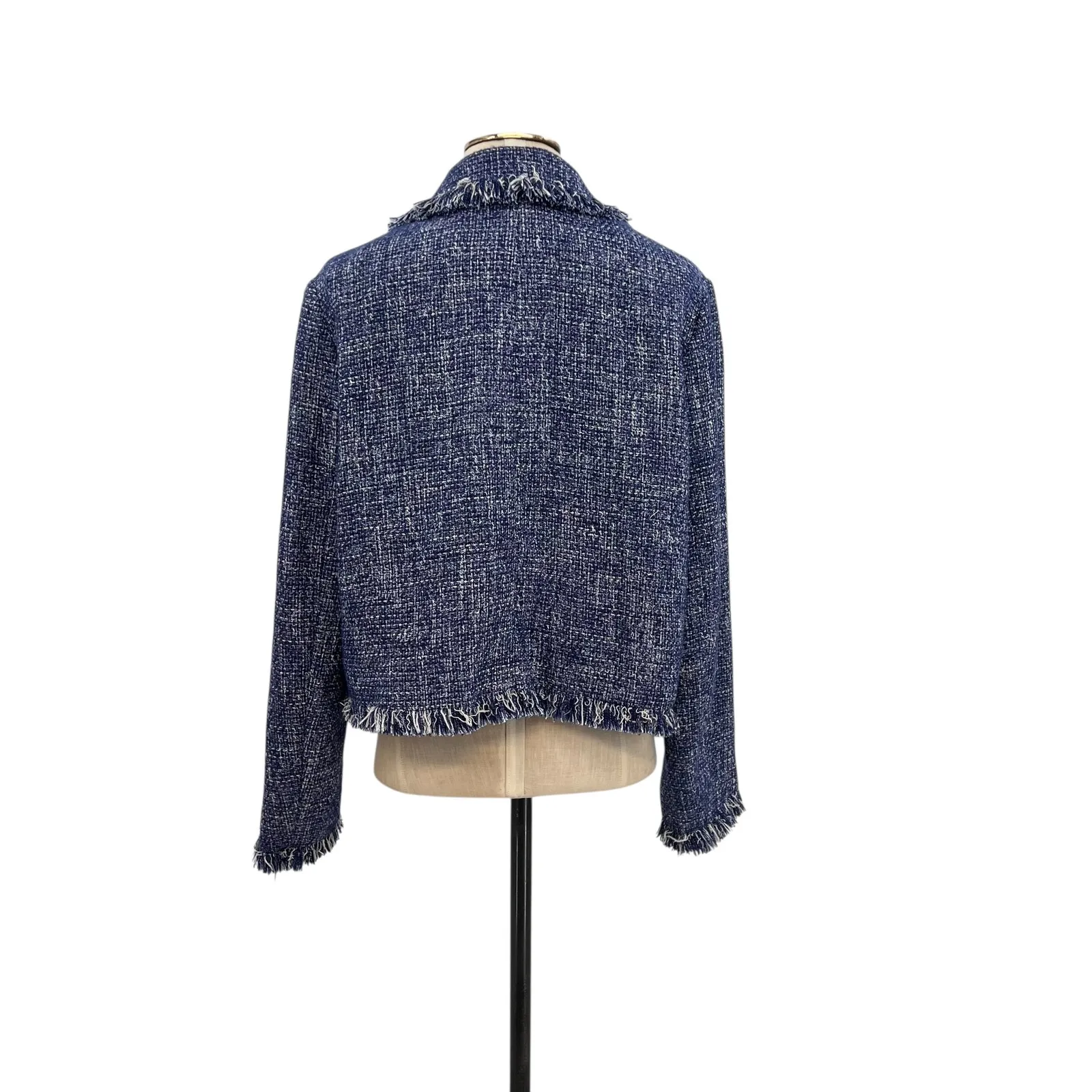 Zara Tweed Tailored Jacket Blazer Frayed Buttons Blue Size XL - Image 6