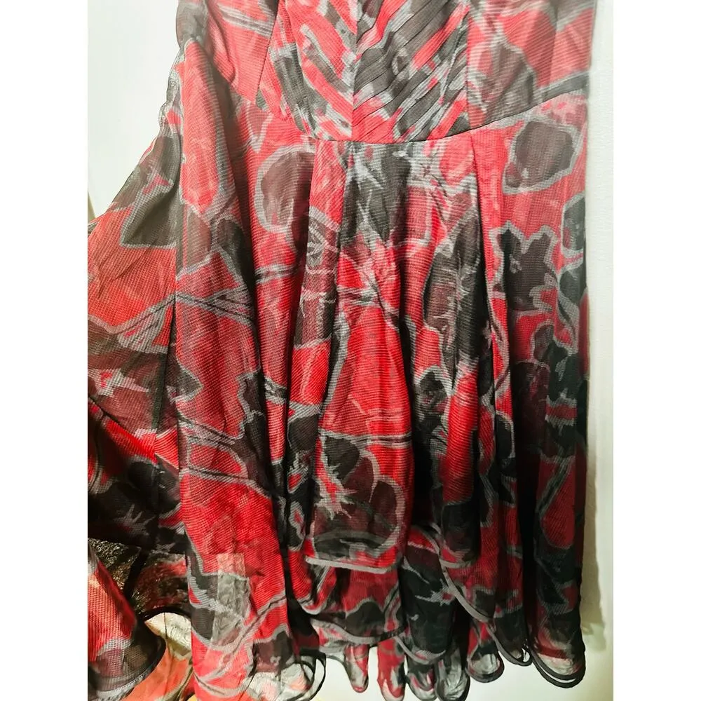 HALSTON Black Red Cherry Floral Print Sheer Sleeveless Tulle Full Skirt Dress 10 - Image 9