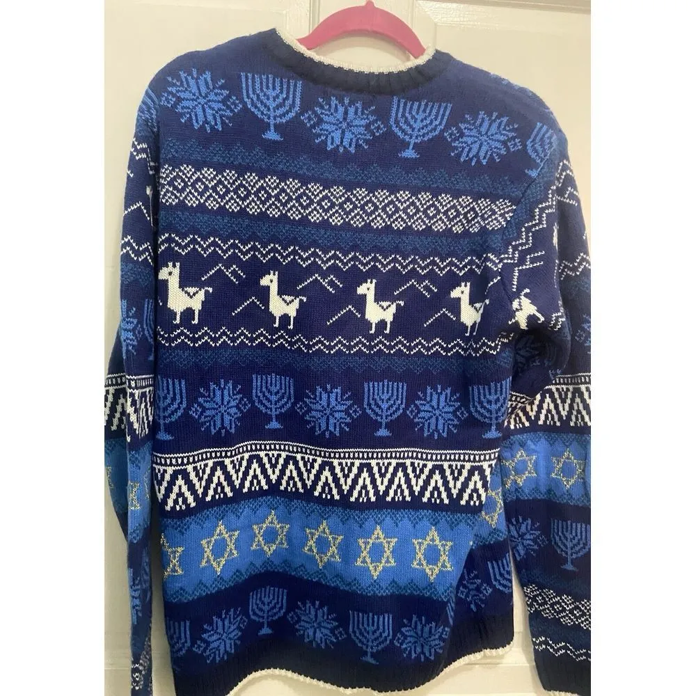 Women's Happy Hanukkah Llama Festive Blue Knit Crewneck Sweater Size Medium NWT - Image 2