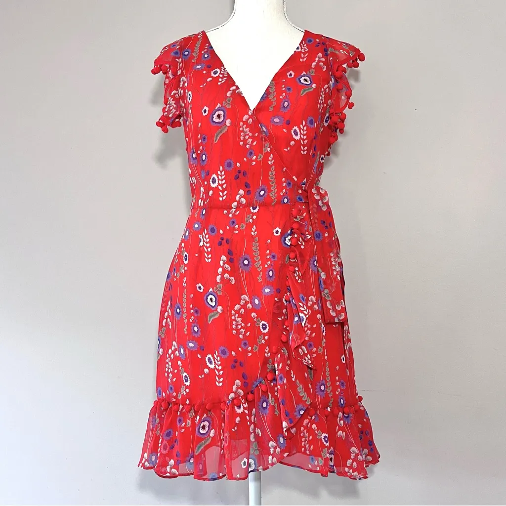 Anthropologie Allison New York Red Floral Flutter Tassel Sleeve Wrap Mini Dress - Image 2