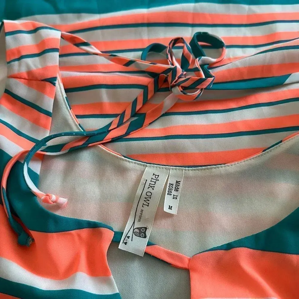 PINK Owl A Line  Striped. Shift Dress Size Medium Orange and Turquoise - Image 3