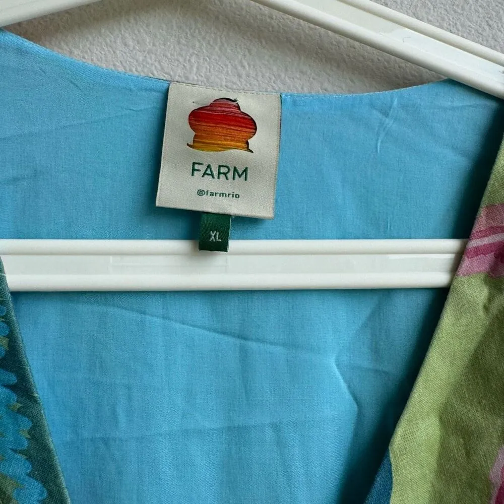 Farm Rio Dress Beach Vibe Mini Cut Out Size XL Balloon Sleeve Palm Tree Linen - Image 7