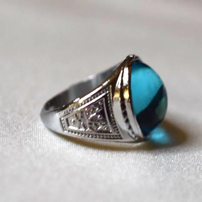 Powerful Sky Blue Oval Stone Art Deco Etched Silver Tone Metal Sizes 5 & 6 Rings - Image 4