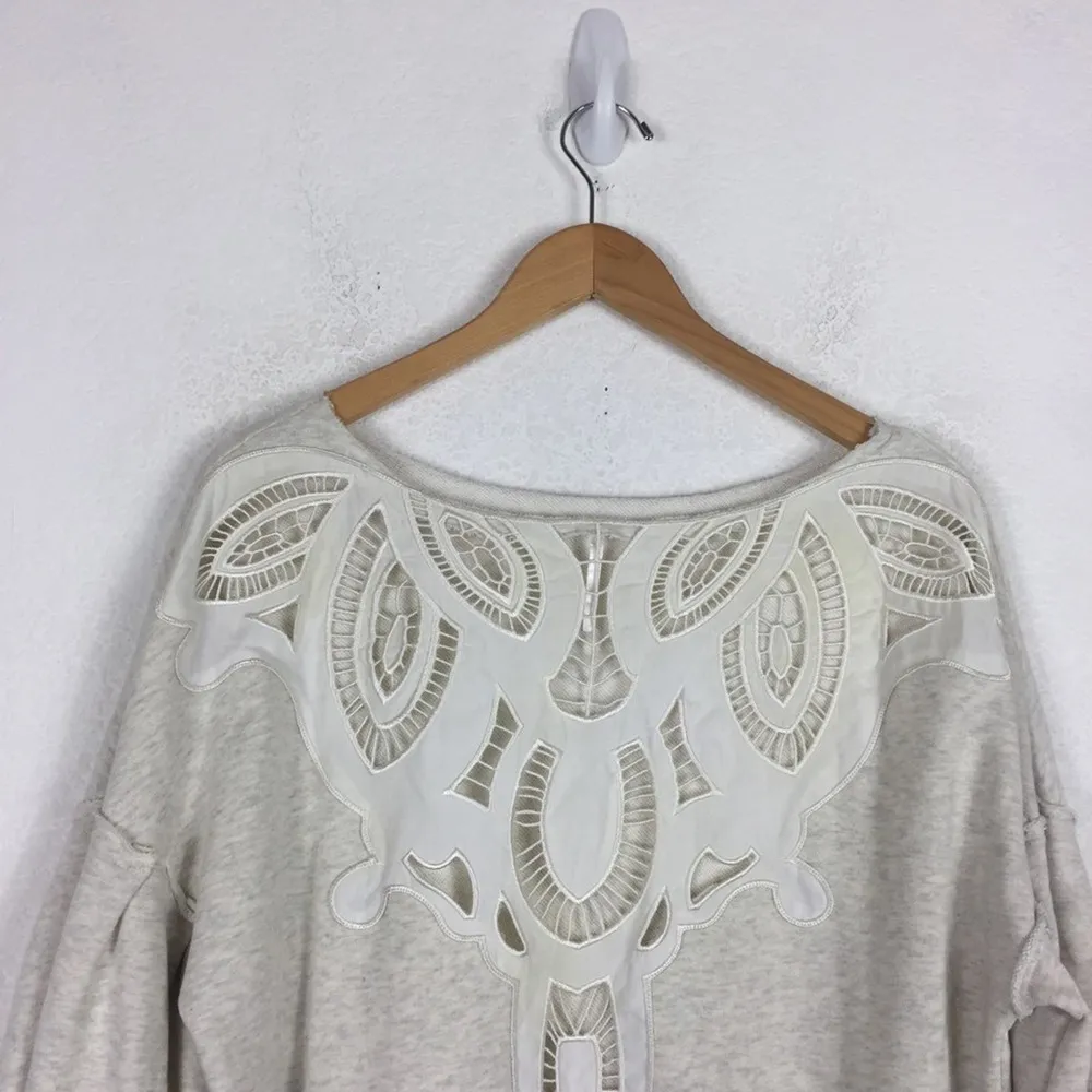 Free People Oatmeal Bell Sleeve Lasor Cut Out Lace Appliqué Sweatshirt Small - Image 10