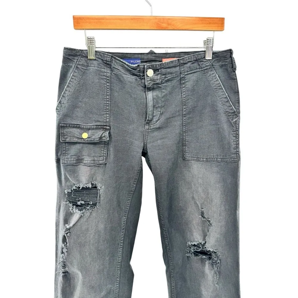 Pilcro Pants Womens 27‎ Black Cargo Distressed Wide Leg Ankle Cropped Canvas - Image 2