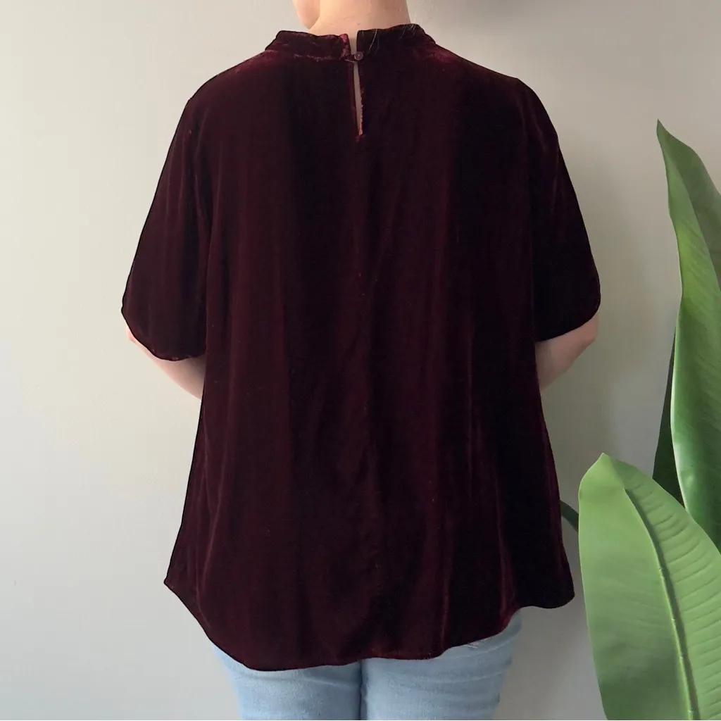 Eileen Fisher Burgundy Red Velvet Short Sleeve Top Holiday Christmas Button Soft - Image 2