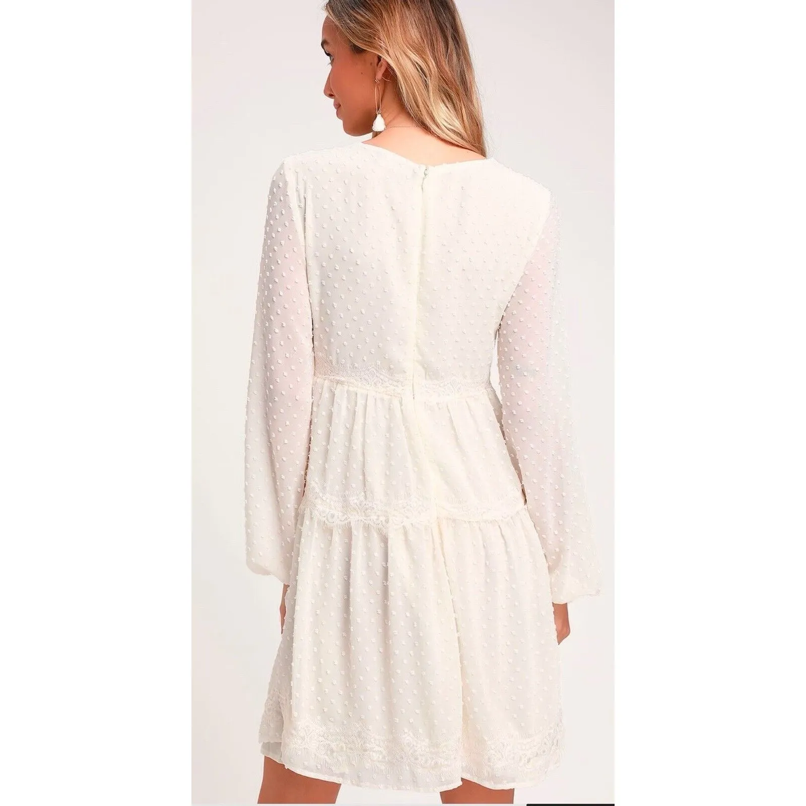 Lulus M Wistful Moment Ivory Swiss Dot Long Sleeve Dress Boho Bridal Shower Chic White Size M - Image 2