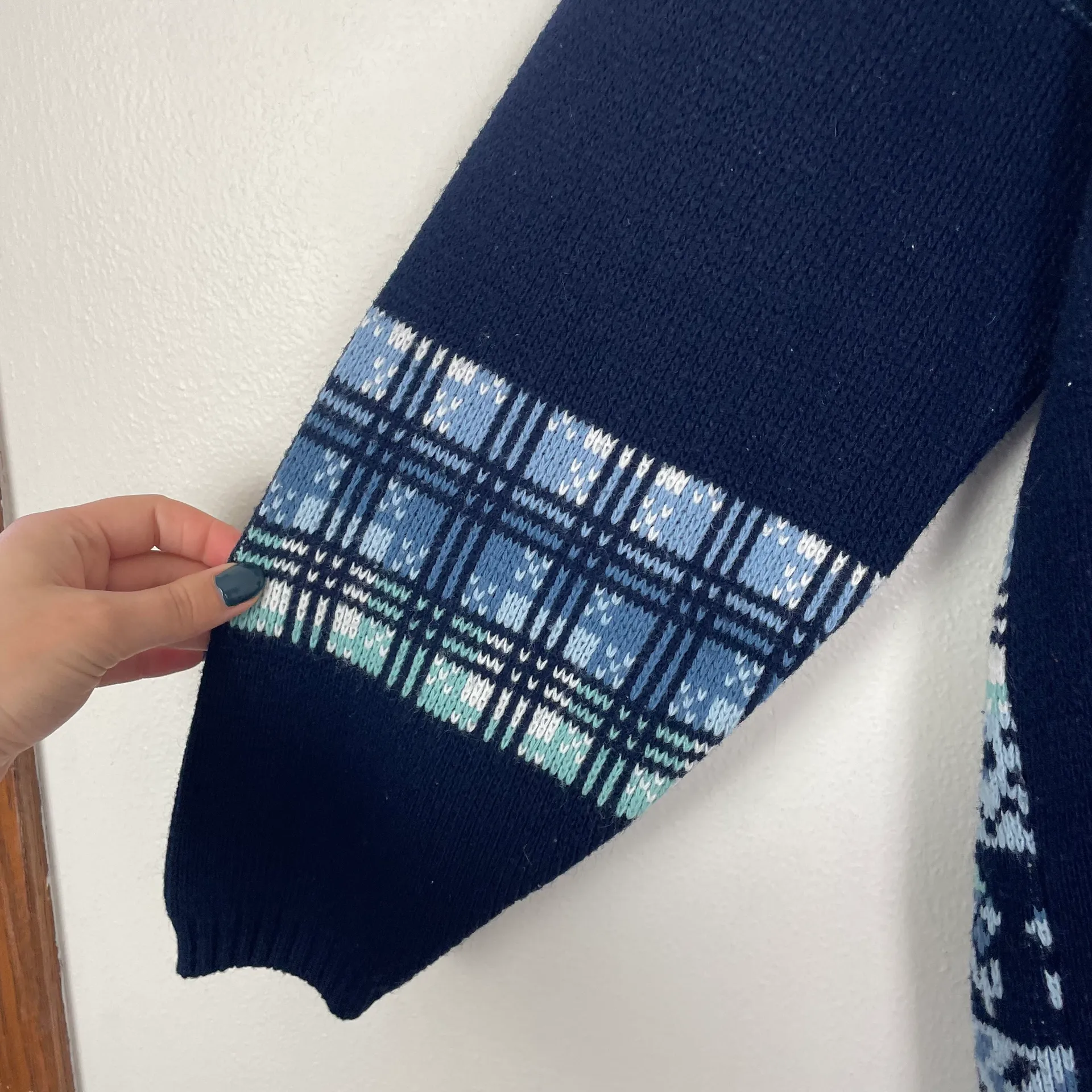 Vintage Donna Scott Woman's XL Blue Winter Mixed Print Mock Neck Sweater Christmas - Image 7