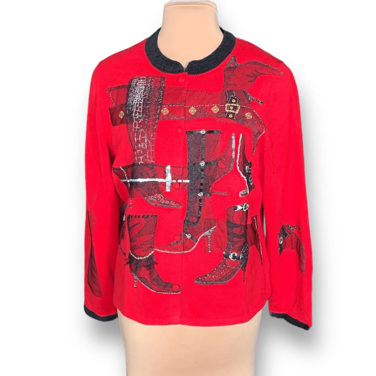 Vintage Michael Simon Red Boots Cardigan XL Bright Cherry Red Knit Sweater Artsy - Image 8