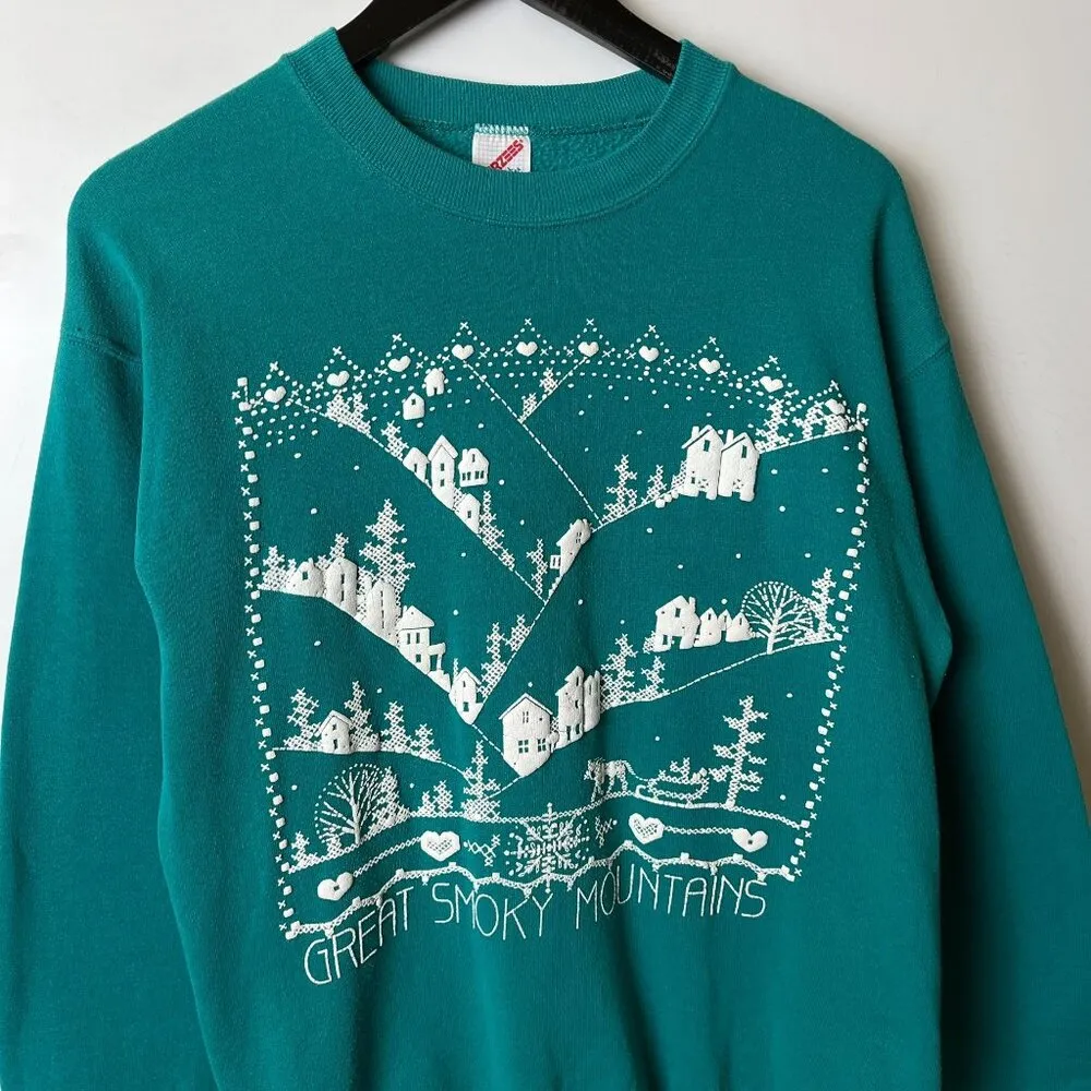 Vintage 90s Great Smoky Mountains Jerzees USA L Blue Pullover Crewneck Womens - Image 10