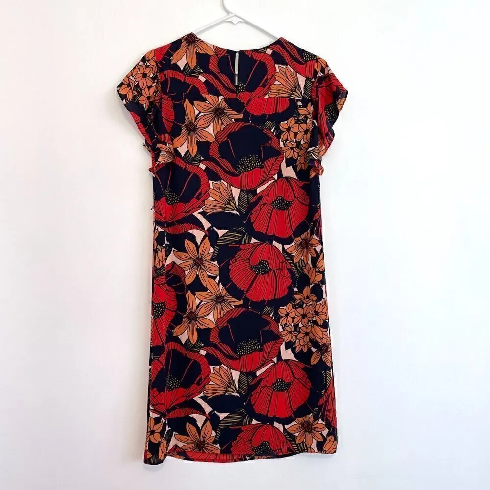 ANN TAYLOR LOFT Autumn Blossom Flutter Dress Red Navy Blue Floral Midi NO BELT - Image 10