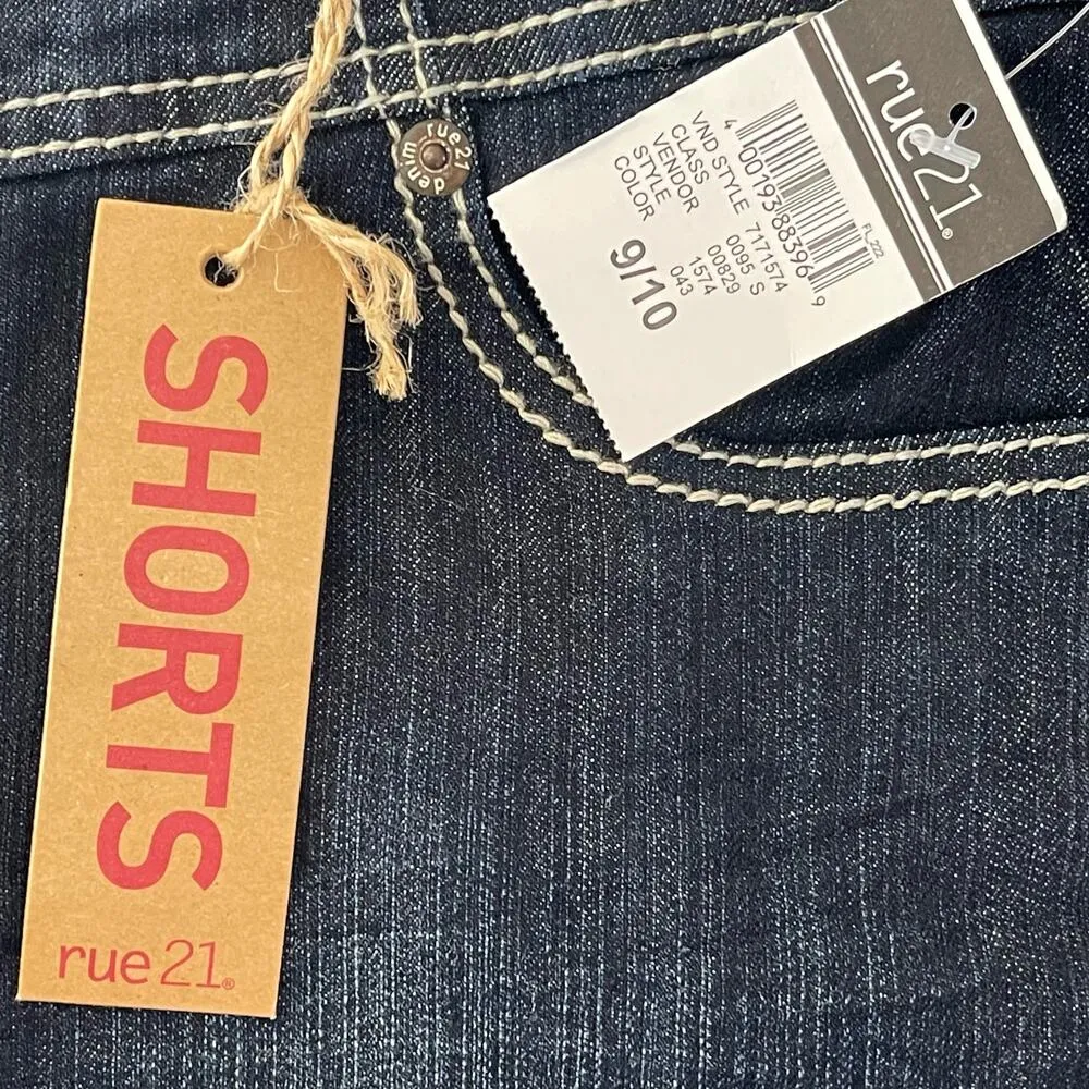 Rue 21 SZ 9/10 Jean Shorts Button-Fly Cuffed High-Rise Dark Wash Pockets Blue - Image 6