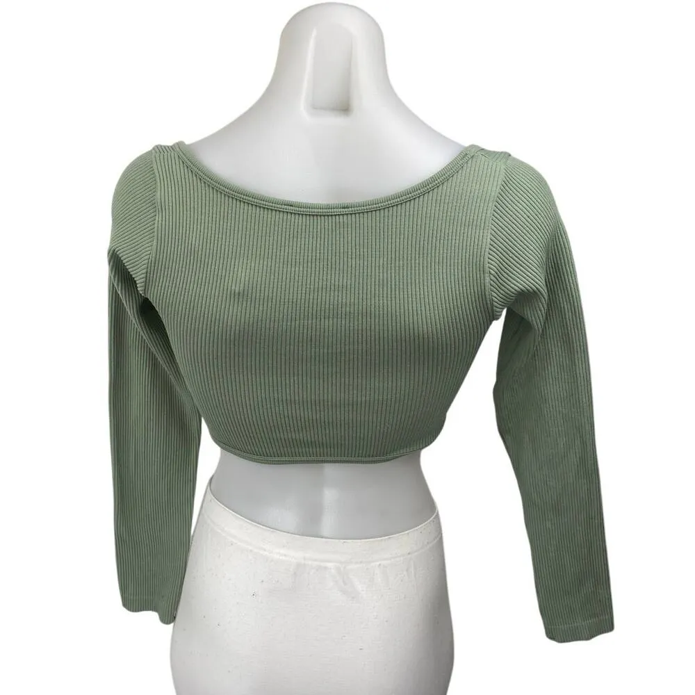 Zara Women's Green Rib Knit Long Sleeve Sweetheart Neck Crop Sweater Top XS/S - Image 2