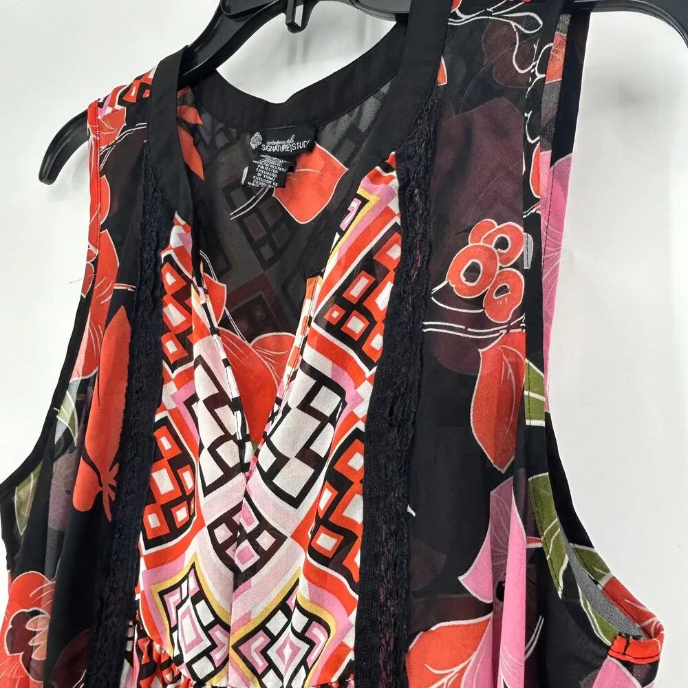 Signature Studio Boho Sheer Tank Top Black Pink Mixed Pattern Crochet Size L - Image 3