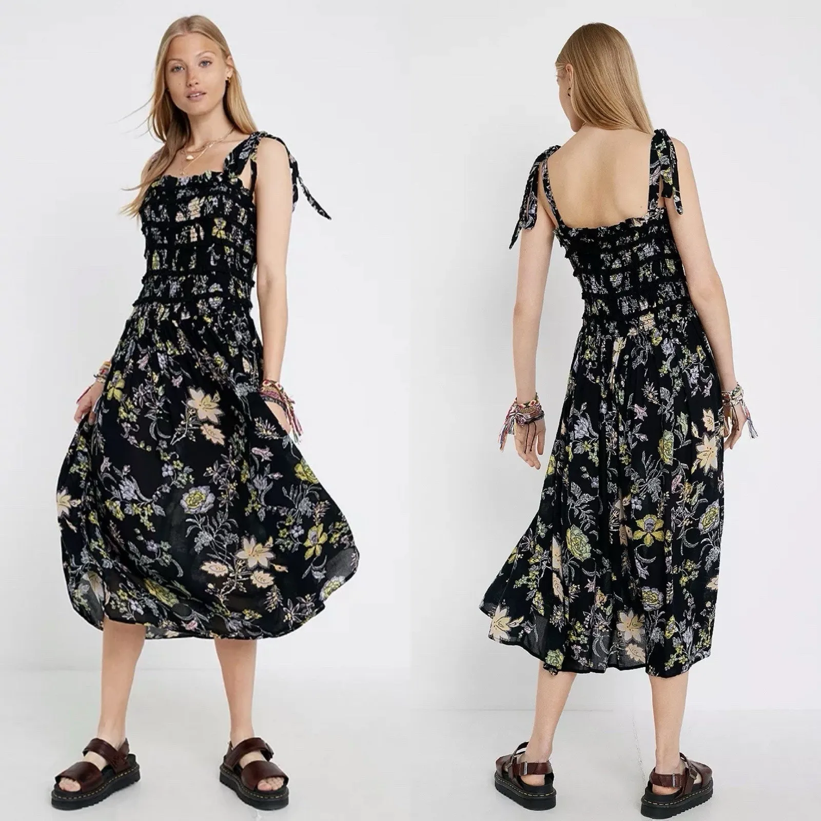 Free People Isla Black floral midi dress Milkmaid Prairie Romantic Festival Sz M - Image 6