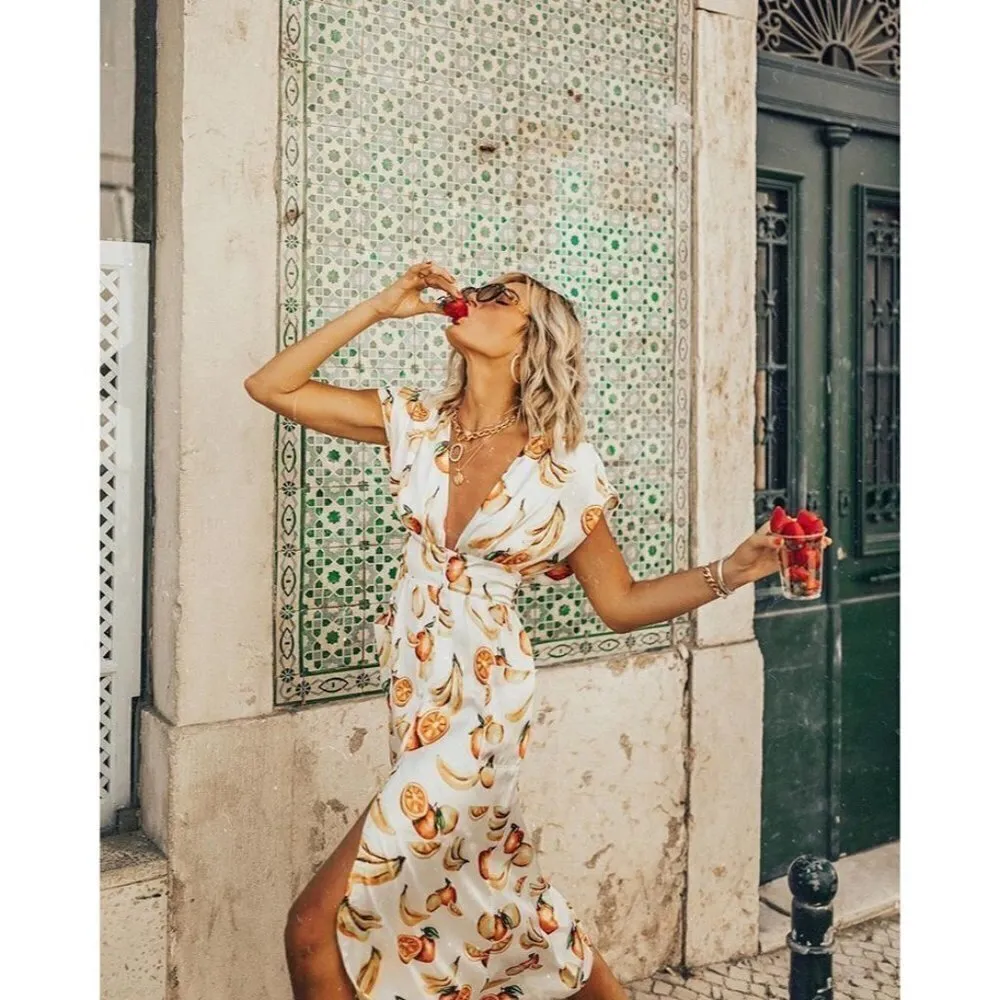 Song of Style Sia Midi Dress in White Fruit Small New Womens Satin Cocktail Yellow - Image 10