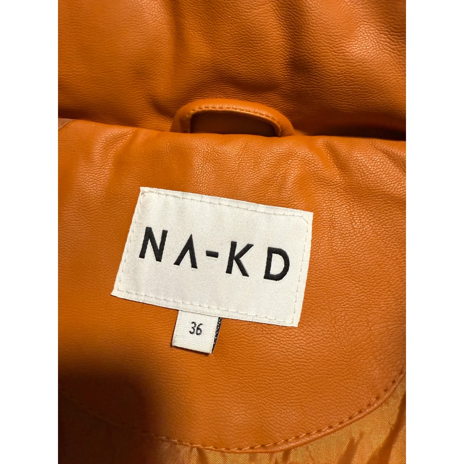 NA-KD Cognac Brown Orange Faux Leather PU Padded Jacket Bomber Puffer Coat 36/S - Image 4