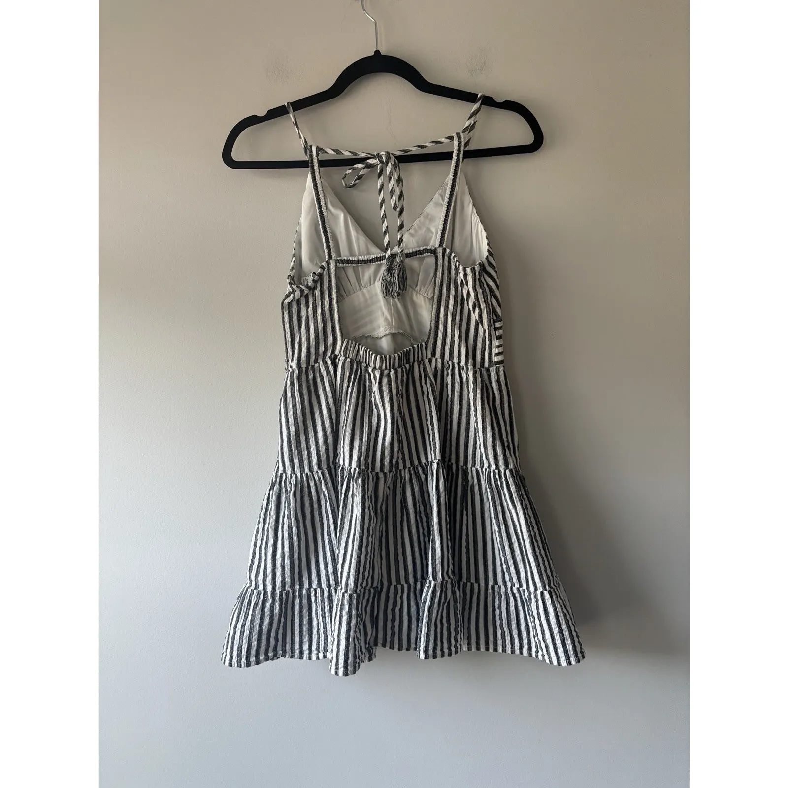 American Eagle Outfitters Striped Strappy‎ Babydoll Mini Dress Linen Size Small White - Image 9