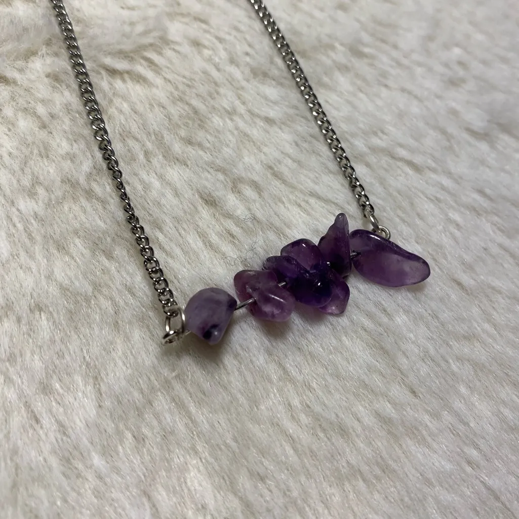 Amethyst Chip Necklace with Silver Tone Chain 16in - Image 3