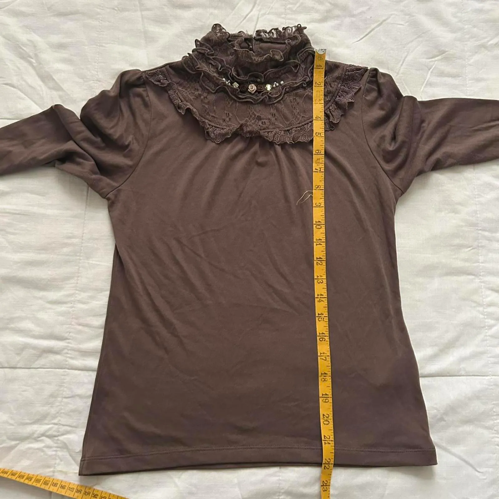 Axes Femme Brown long sleeve blouse lace high neck turtleneck Size medium - Image 7