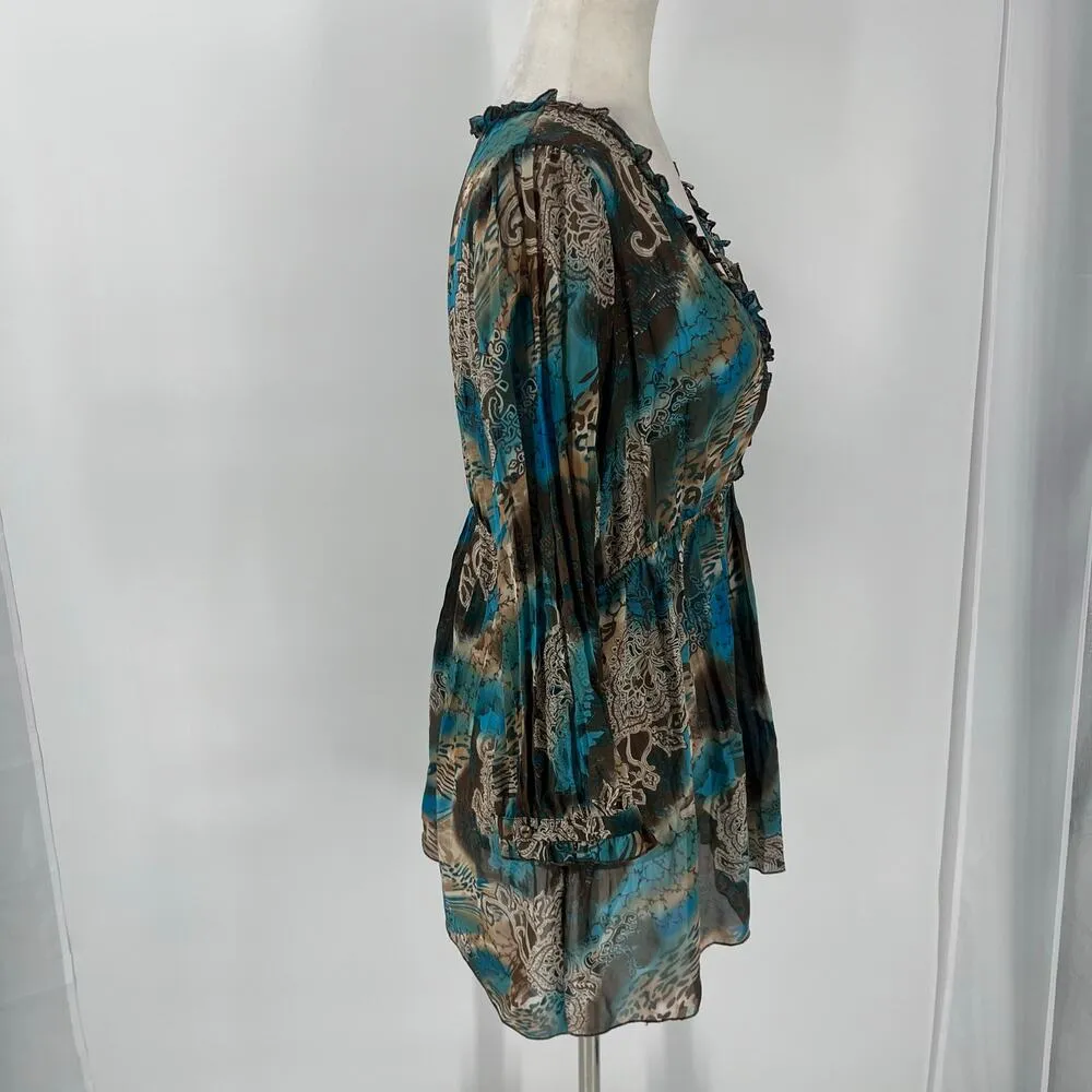 Notations Y2K Sheer Babydoll Womens Top Sz L Boho Ruffle Chiffon Festival Hippie - Image 6