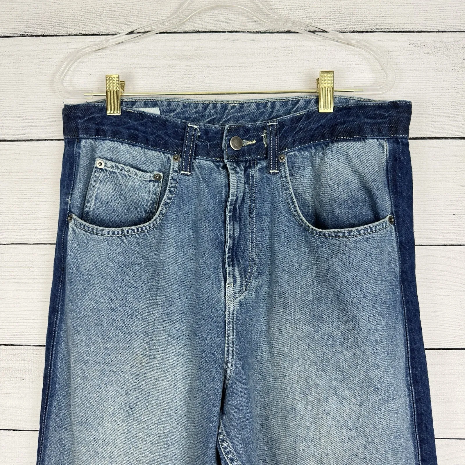 ZARA Womens Two Toned Baggy Jeans Straight Leg Size‎ 31 Contrast Denim Boyfriend - Image 2