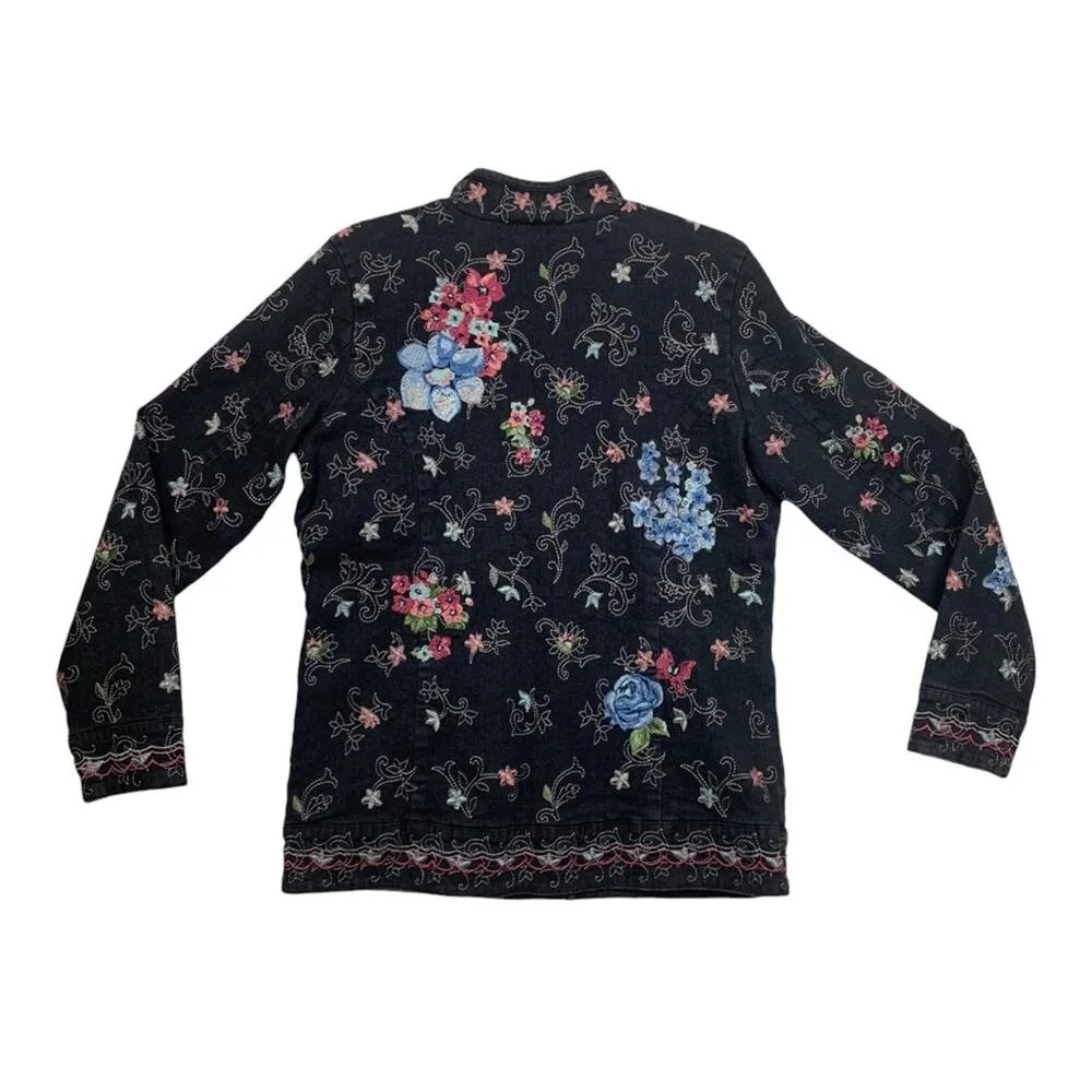 Denim & Co womens small black floral embroidered button up jacket blazer fairy b - Image 4