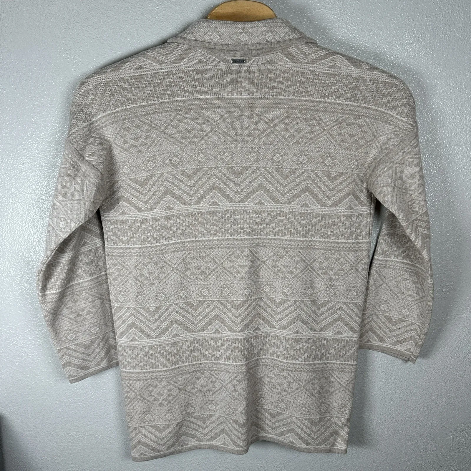 prAna Sevie Long Cardigan Womens Medium Sweater Beige Organic Cotton Wool Aztec - Image 4