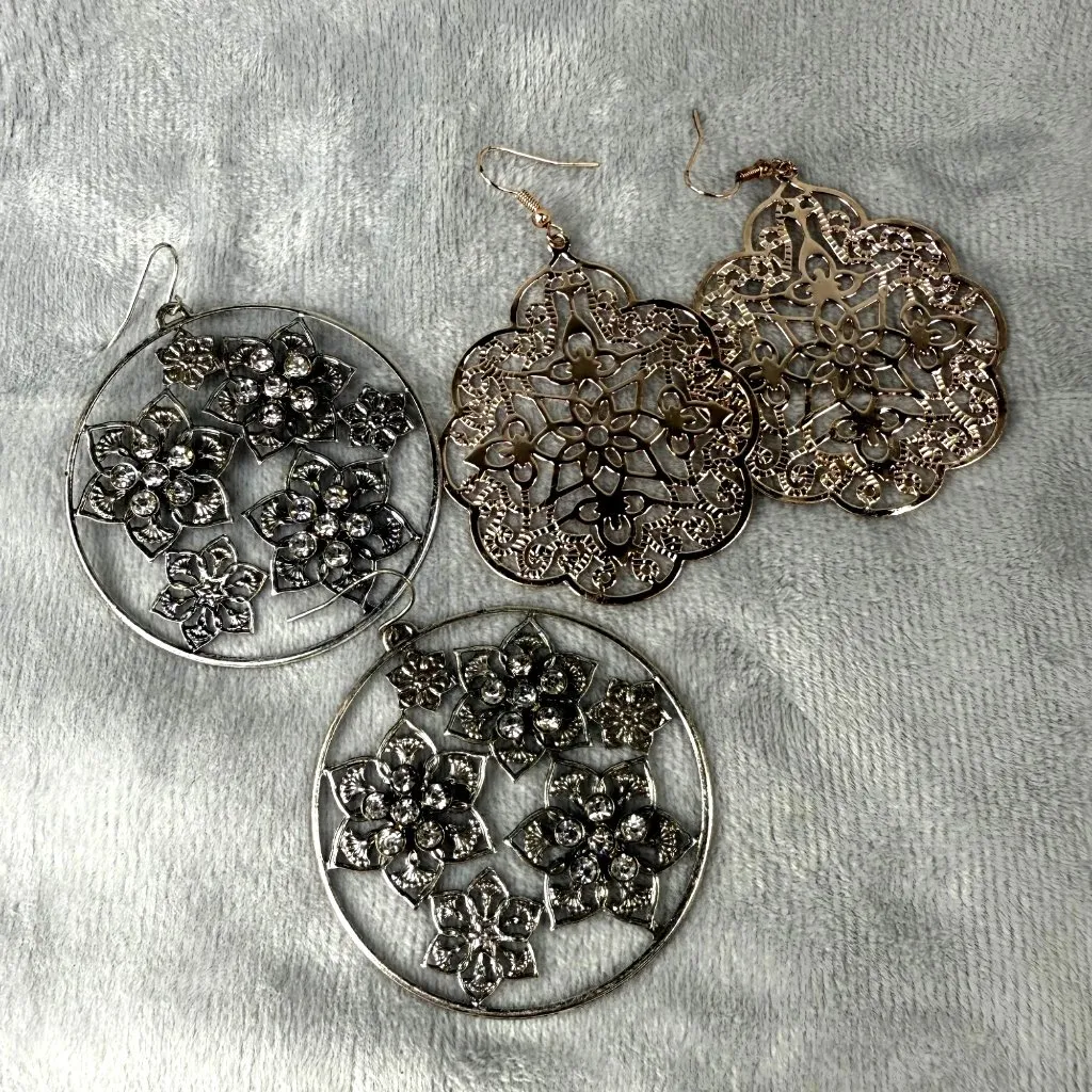 Floral Statement Dangle Earrings 2 Pair Pierced Hooks Silver & Gold - Image 2