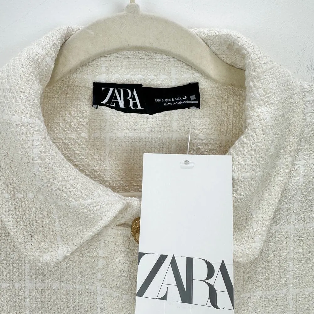 Zara Tweed Jacket Cropped Ivory Gold Buttons Collared Preppy Academia Small NWT - Image 11