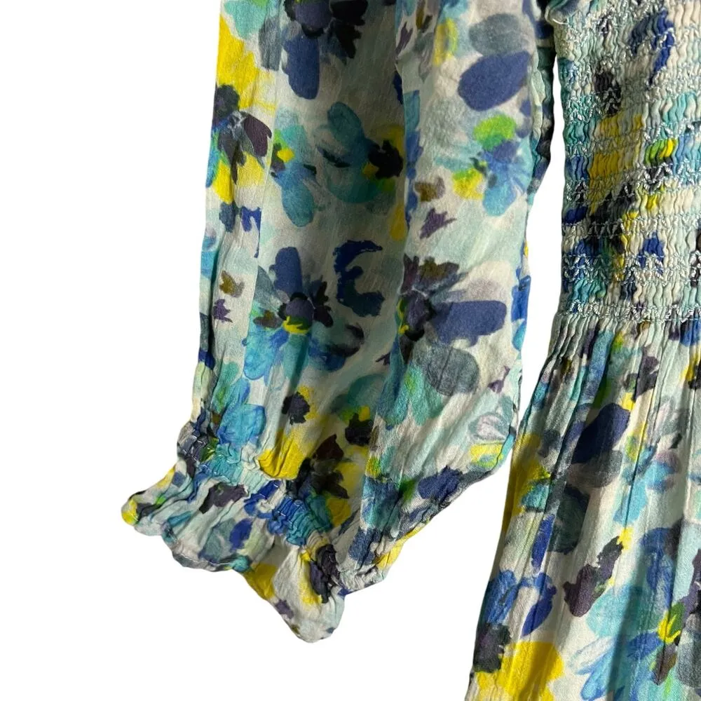 LoveShackFancy Blue Capri Floral Print Smocked Square Neck Midi Dress Size XS - Image 11